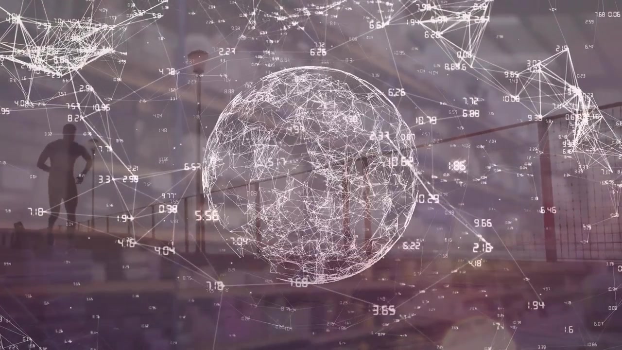 Globo di rete digitale che sovrasta la silhouette di una persona che si allena all'aperto