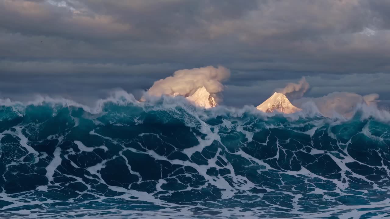 Dramatic video still of snow-capped mountains at sunset, viewed from a low angle over turbulent