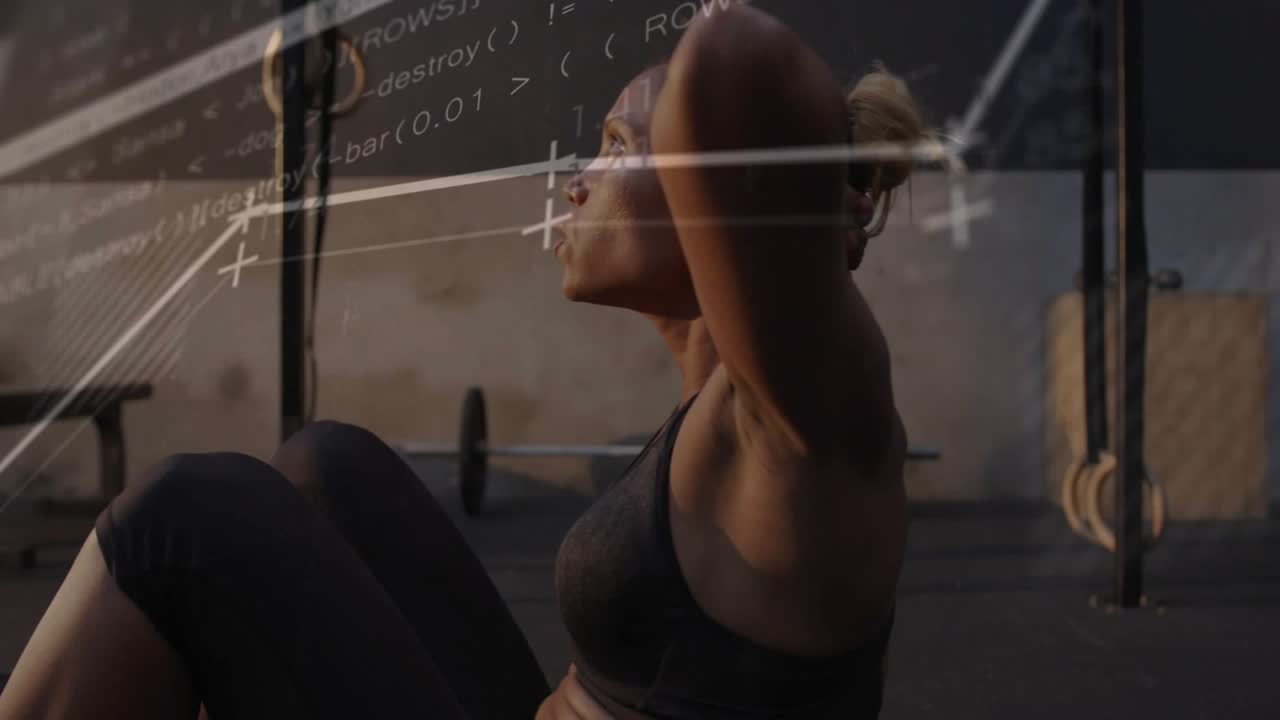 Woman starting crunch lifting torso chin, doing fitness reps, overlay lines tracing torso movement