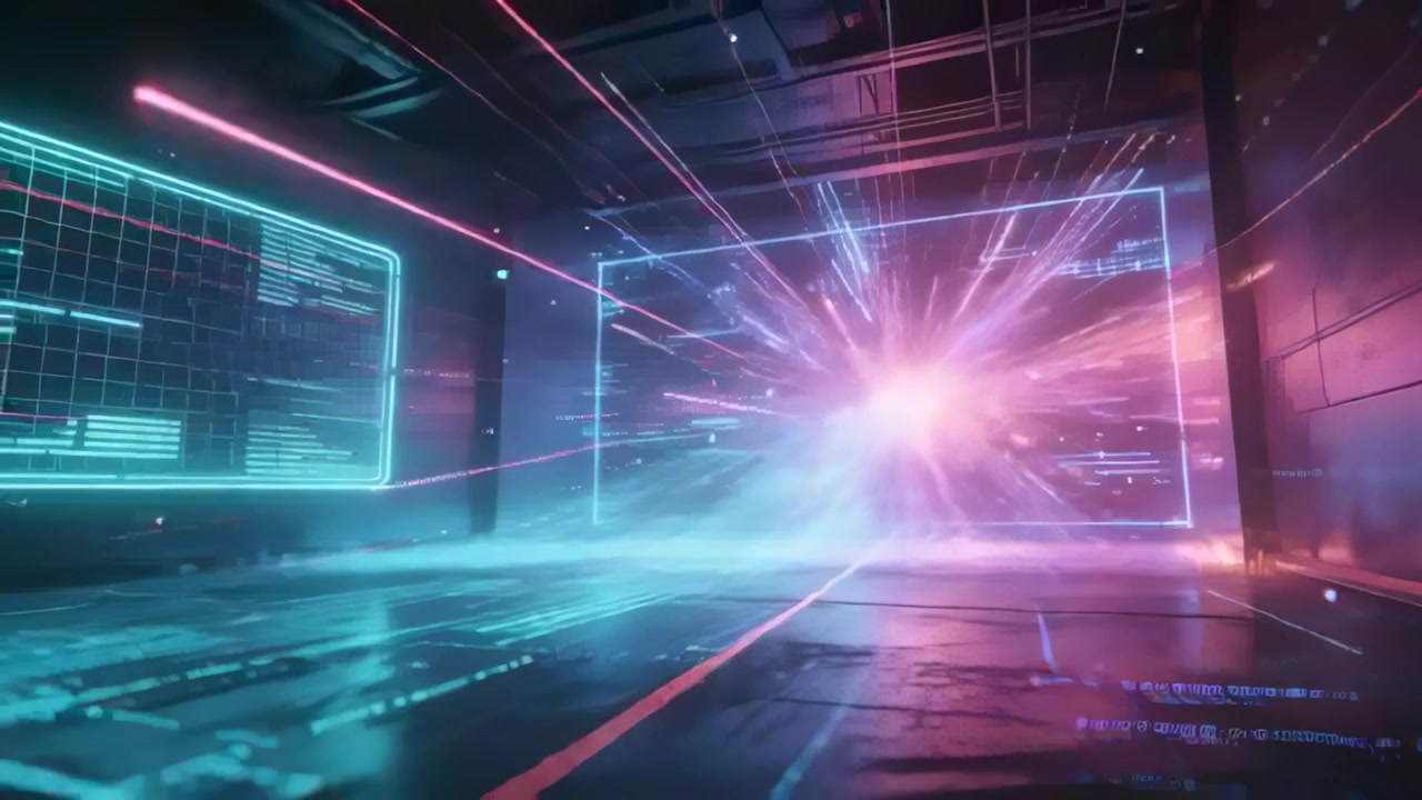 Igniting pink-blue energy core emitting radial beams in control bay with data panel, opening portal