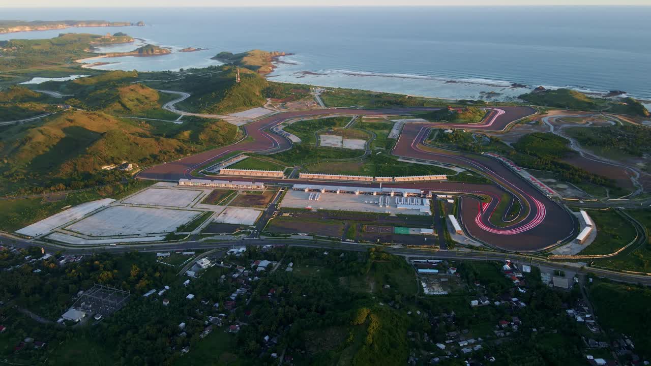 Beachfront race track of Mandalika in Lombok. Aerial at sunset