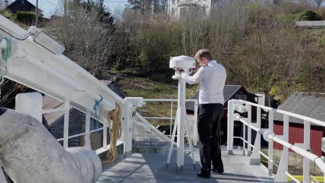 Ships-captain-inspect-emergency-gas-release-pipe-from-electric-vessels-battery-room,-60-fps