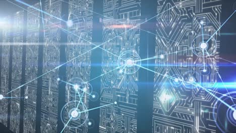 Animation-of-data-processing-and-network-of-connections-over-computer-circuit-boards