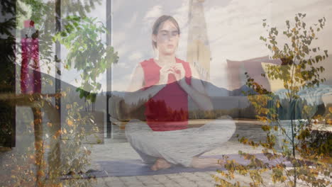 meditating outdoors, person enjoying serene mountain and lake view with animation