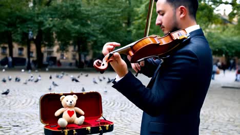 músico callejero tocando el violín con un oso de peluche