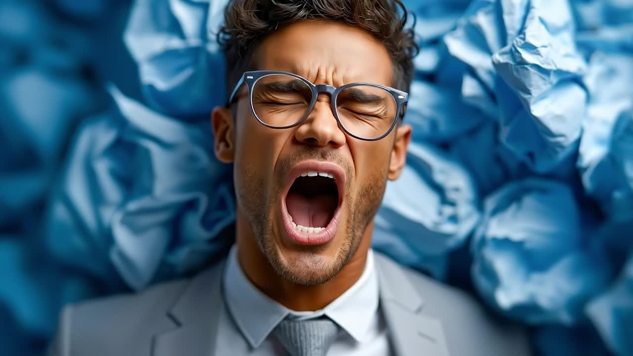 A man in a suit and tie yawning in front of crumpled paper