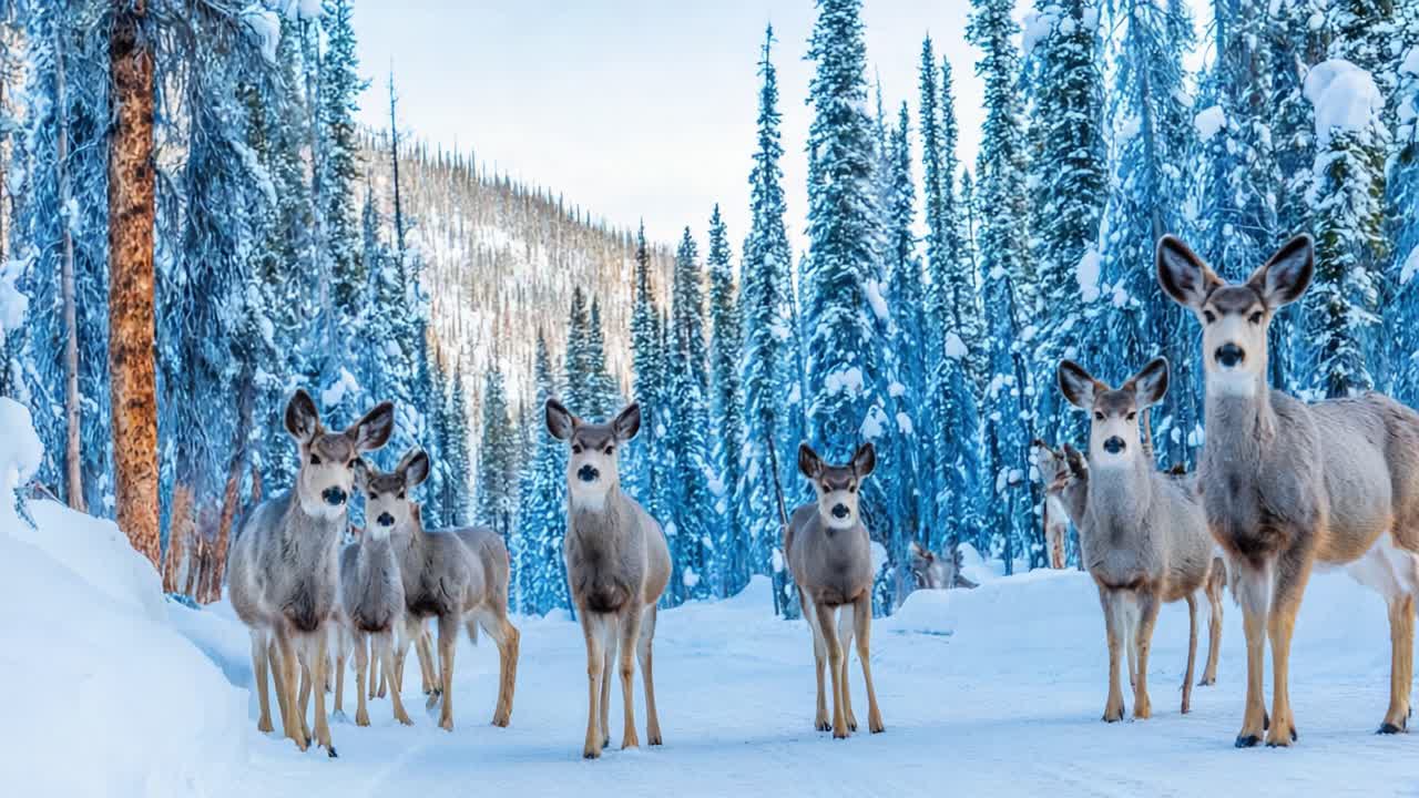 A Group of Majestic Deer in a Snowy Forest Setting, Captured in Two Stunning Frames, Showcasing Their Grace and Beauty Amidst a Winter Wonderland