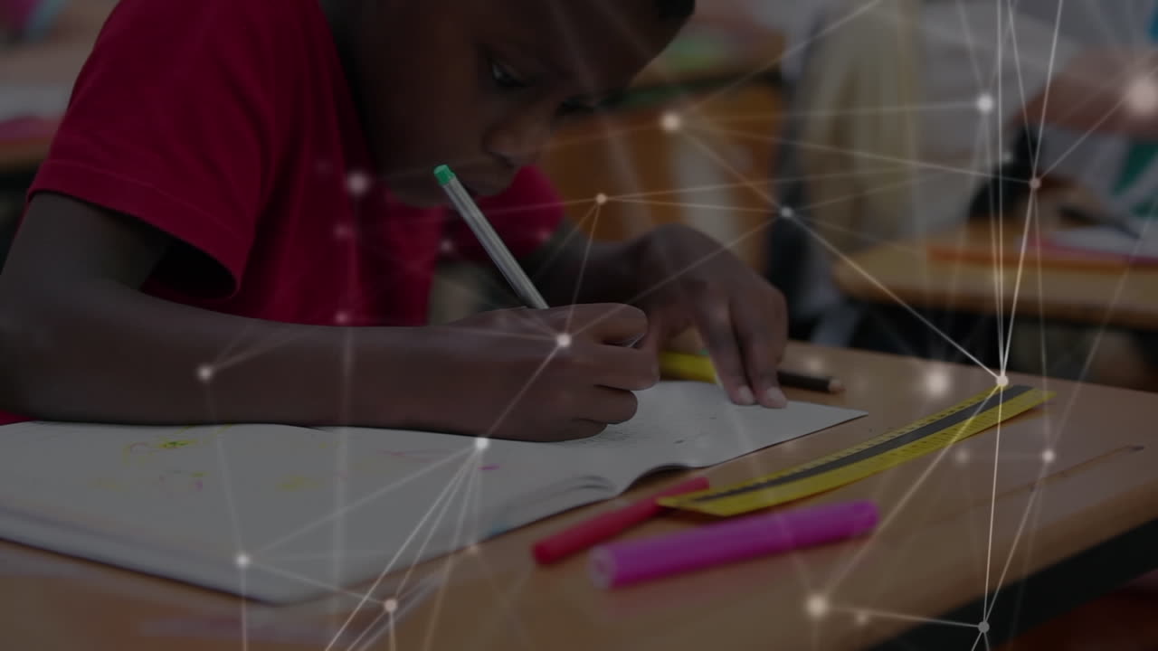 Animation of network of connections over schoolboy writing