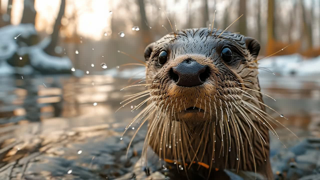 Una lontra nuota nell'acqua durante il tramonto. Una lontra nuota in un fiume calmo con alberi sullo sfondo mentre il sole tramonta. Gocce d'acqua schizzano intorno
