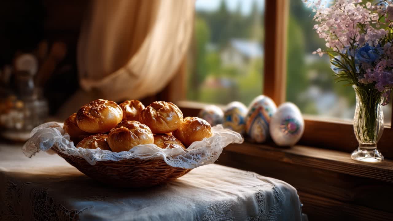 A Beautifully Arranged Basket of Golden Bread Rolls with a Cozy Background, Evoking Warmth and Comfort, Perfect for Any Gathering or Enjoyment