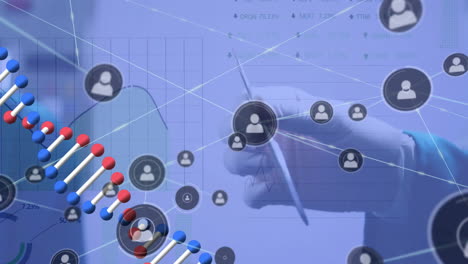 animación de cadena de adn y procesamiento de datos científicos sobre cirujano caucásico masculino