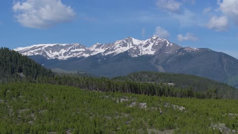 drone reveal beautiful snowy mountain vista over lush green forest