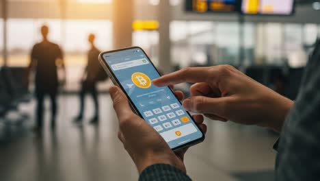 a user engaging with a cryptocurrency app on their smartphone in an airport setting: transitioning from information to communication