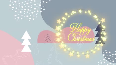 animation of christmas greetings in fairy lights frame over christmas trees and snow background