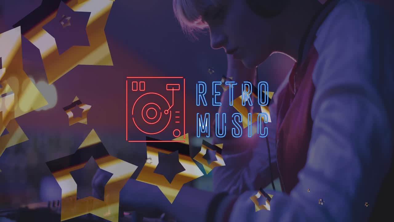 헤드폰을 끼고 있는 백인 여성 디제이를 통해 레트로 음악 텍스트의 애니메이션