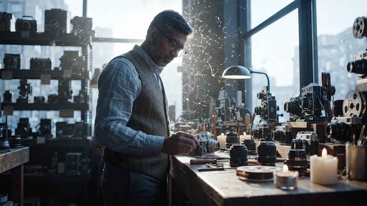 Craftsmanship in Focus: A Dedicated Artisan Restoring Vintage Cameras with Precision in a Light-Filled Workshop Filled with Film Equipment and Ambient Glow