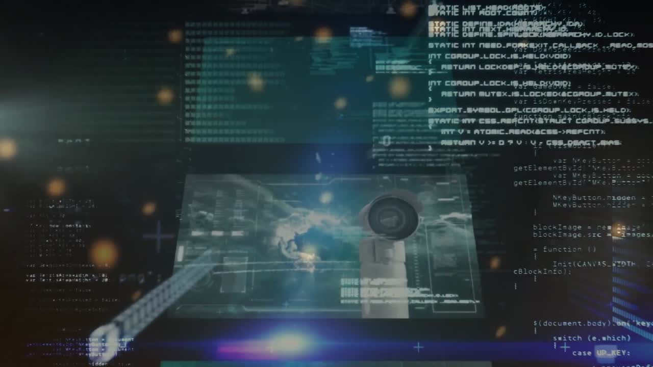Digitale Infografik-Oberfläche mit Grafiken, Profilsymbolen und Überwachungskamera, Binärcodes