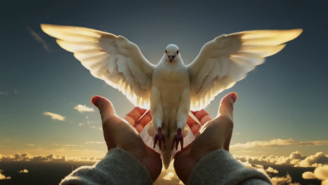 Mani adulte con maniche grigie allentano la presa e liberano una colomba bianca nel cielo all'alba, lasciandola volare verso l'alto.