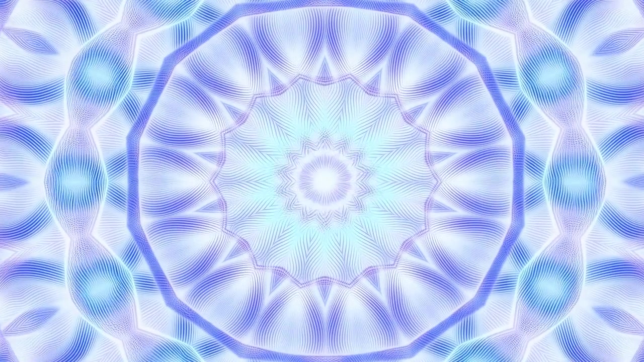 Scena astratta in stile mandala centrata con anelli concentrici annidati, fasce intrecciate, nodi ovali, motivi a petalo e stella e un nucleo luminoso, che crea una calma simmetria decorativa in blu pastello e lavanda.