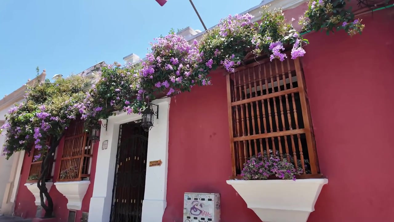 Vista de rua em perspectiva estreita de um beco pitoresco em Cartagena, ladeado por fachadas coloniais vibrantes em vermelho e branco, adornadas com trepadeiras de buganvílias roxas floridas e uma bandeira canadense