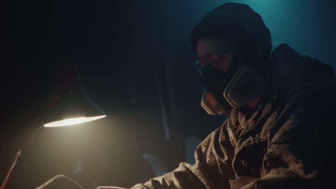 A bombmaker assembles a bomb in his workshop at night