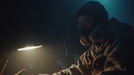 a bombmaker assembles a bomb in his workshop at night