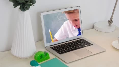 animation of a laptop showing caucasian boy on the screen