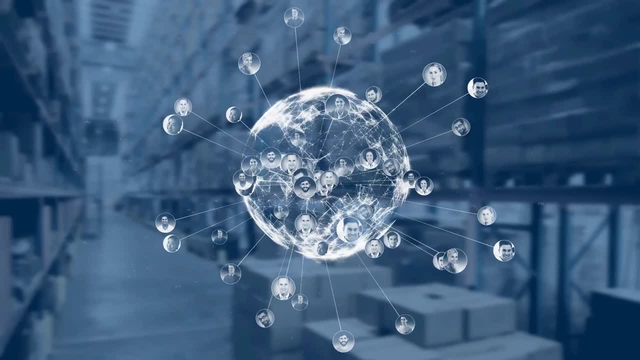 백그라운드의 창고에 대해 회전하는 프로파일 아이콘의 지구의 디지털 애니메이션