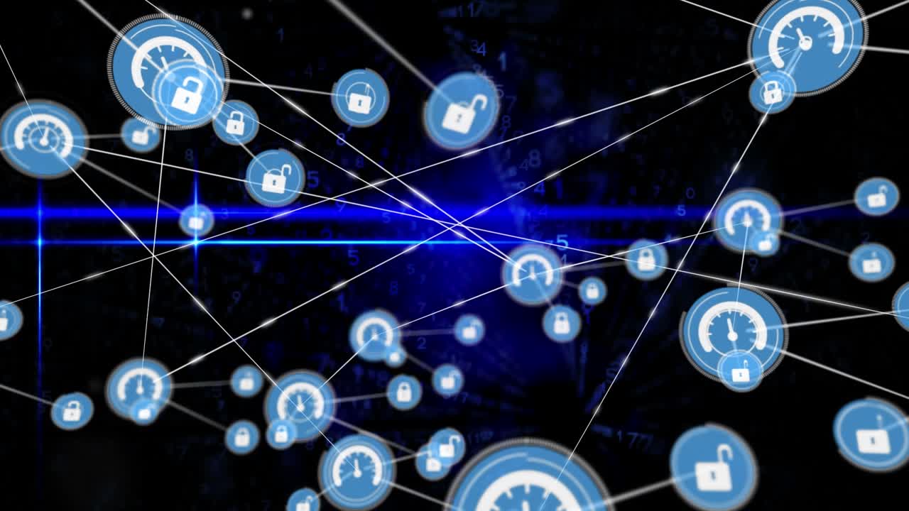 Animation of network of connections with icons over globe and data processing sky