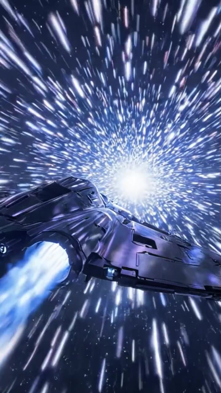 A Dynamic Journey Through Cosmic Space: A Futuristic Starship Accelerates Towards a Brilliant Celestial Event Amidst a Whirlpool of Stardust and Energy
