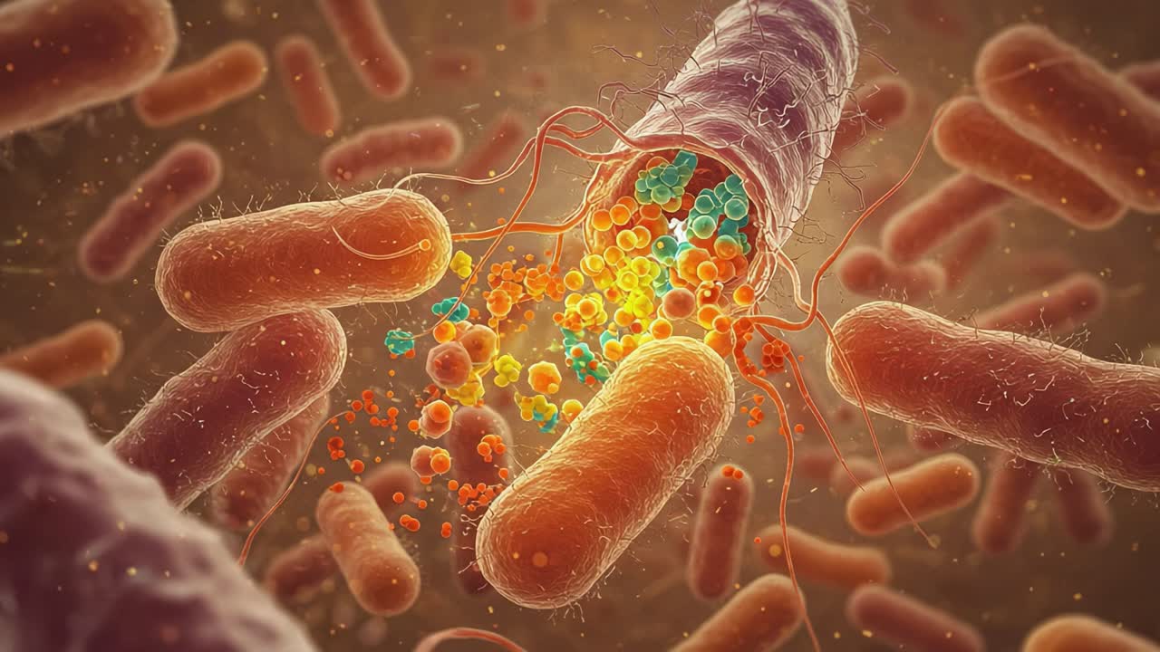Microscopic Visualization of Bacterial Interaction with Intricate Details, Showcasing Colorful Microbial Activity and Cellular Structures in a Dynamic Environment
