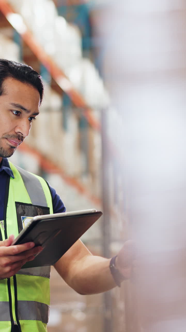 Warehouse worker scanning inventory with tablet and barcode scanner