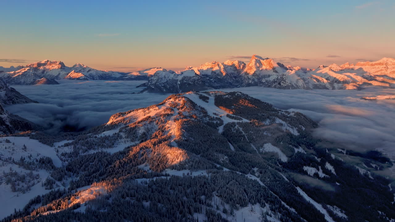 Aerial drone view of the Mountain Pelmo in the Dolomites, Italy at sunrise