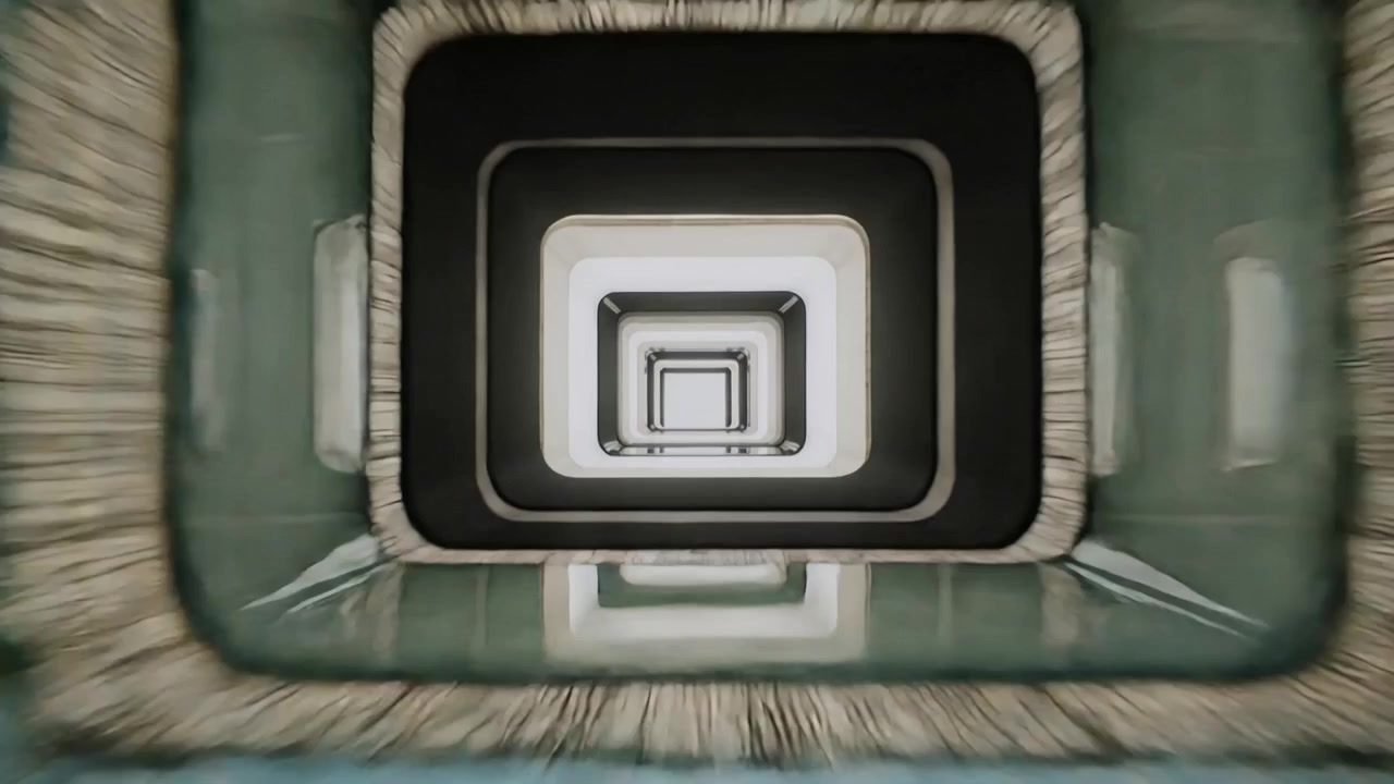 Advancing camera passing through central shaft inside building, revealing nested rectangular frames