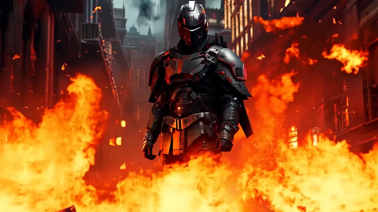 un hombre en un traje de armadura de pie frente a un fuego