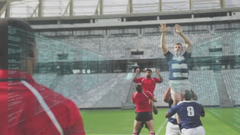 animación del procesamiento de datos sobre jugadores de rugby en el estadio