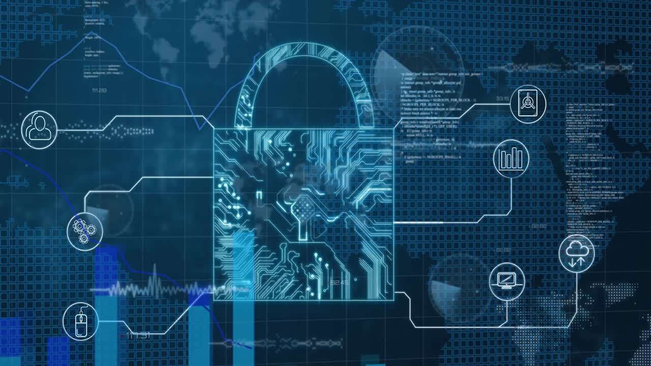 animación del candado de seguridad en línea con una red de iconos y procesamiento de datos