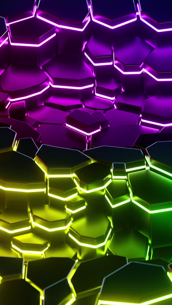 Motivo esagonale colorato con onde in movimento a bagliore neon. Animazione in loop verticale