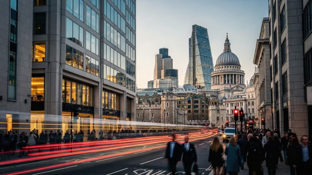 Dynamic London Cityscape at Dusk with St. Paul's Cathedral and Light Trails