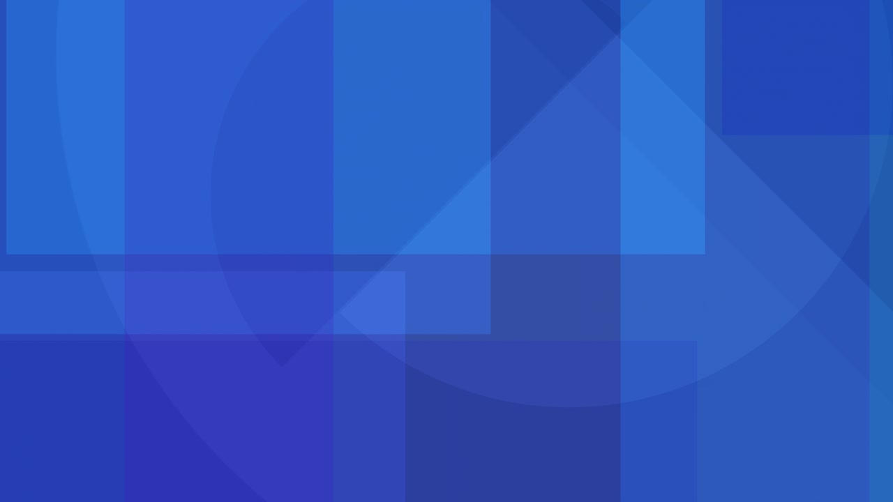 Loopable slow motion abstract blue geometric background, overlapping blue rectangles, circles and squares, layered mosaic pattern with modern digital aesthetic