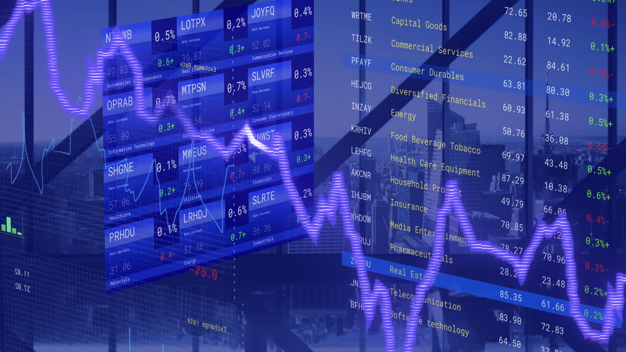 Animation of financial data processing over cityscape