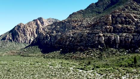 Straight-forward-drone-flyover-of-vegetation-covered-valley-floor-and-mountain-side-at-Red-Rock-Canyon-National-Conservation-area-Las-Vegas-Nevada