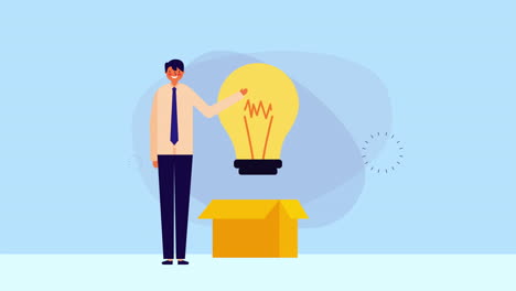 businessman worker with box carton and bulb