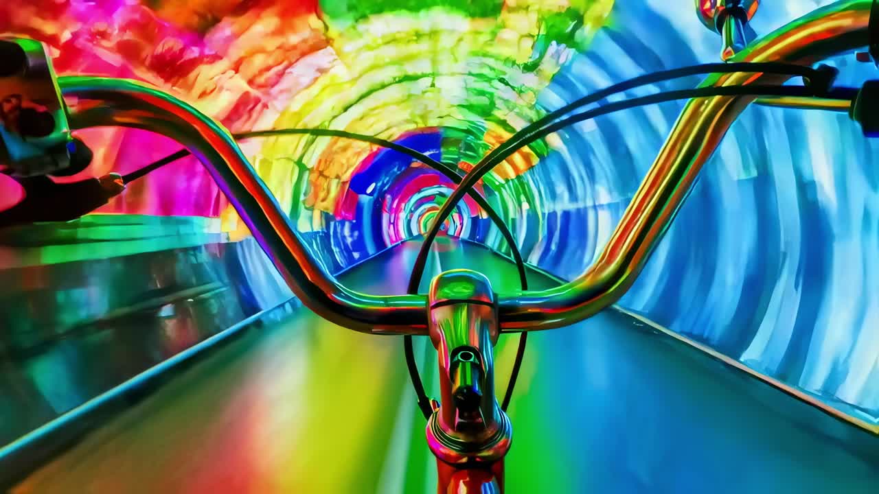 Cyclist navigating luminous tunnel, experiencing dynamic light journey through multiple perspectives, capturing mesmerizing motion and vibrant urban energy