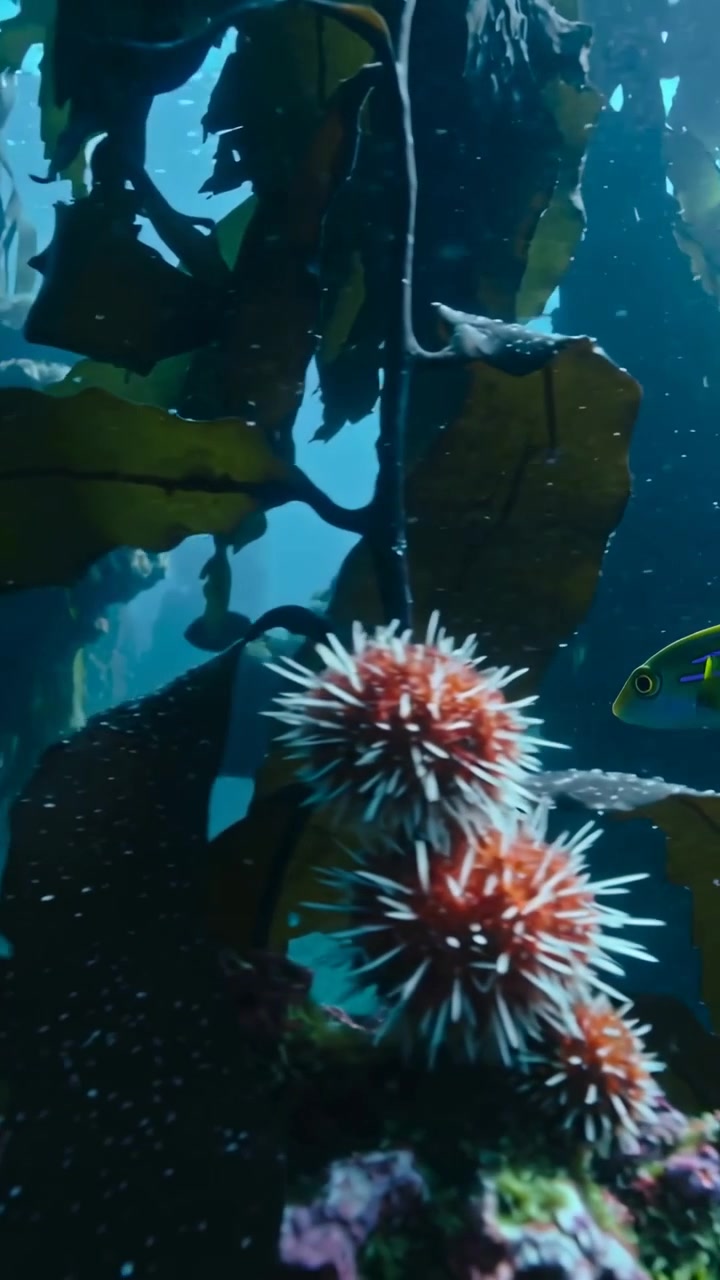 Vídeo vertical: Início de movimento de câmera revelando o estipe central de kelp em recife, com ouriços-do-mar e peixes