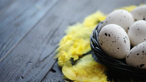 Whole-Chicken-eggs-in-a-nest-on-a-black-rustic-wooden-background--Pascua-symbols