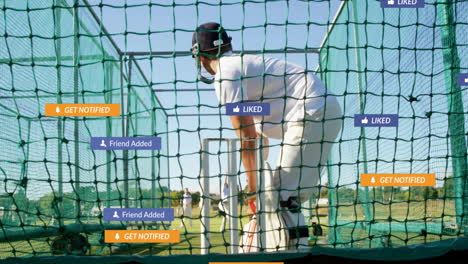 practicing in net, cricketer receiving social media notifications with animation