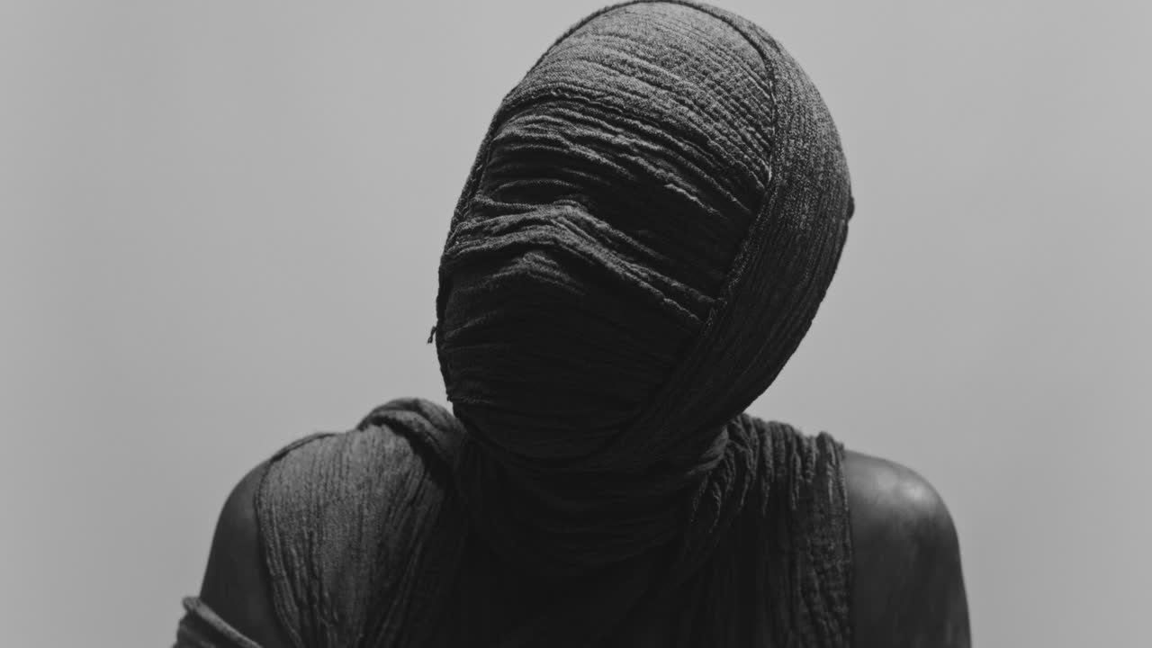 A mummy of a woman on a white backdrop turns her head