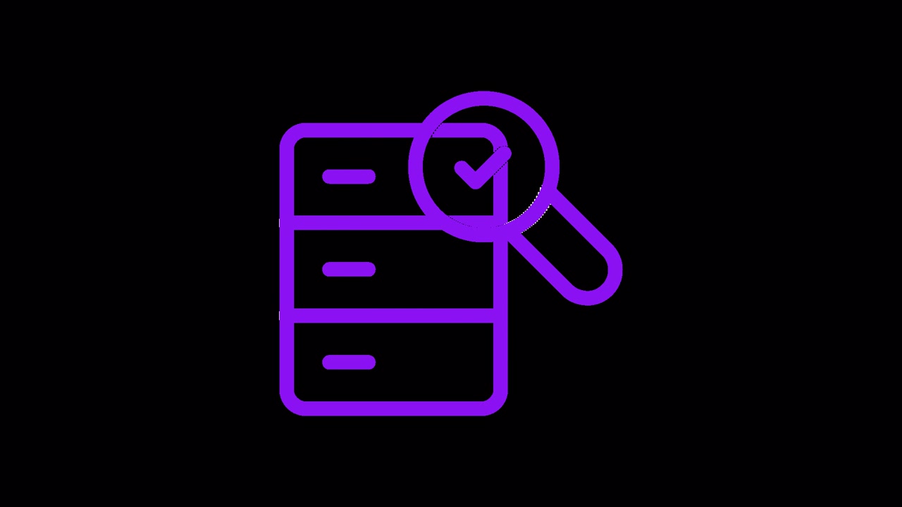 Animated Purple Database Icon with Magnifying Glass Search and Checkmark