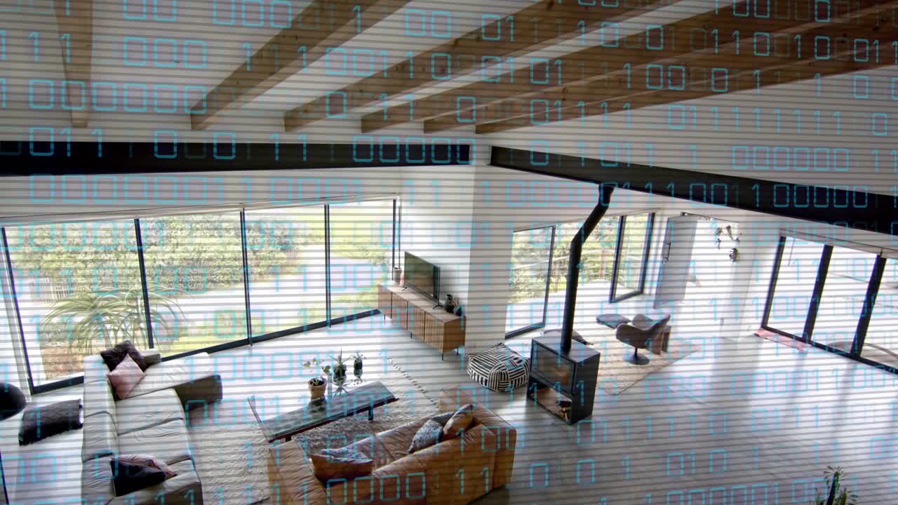 Feed starting, binary overlay scrolling over open-plan lounge, scanning furniture for monitoring